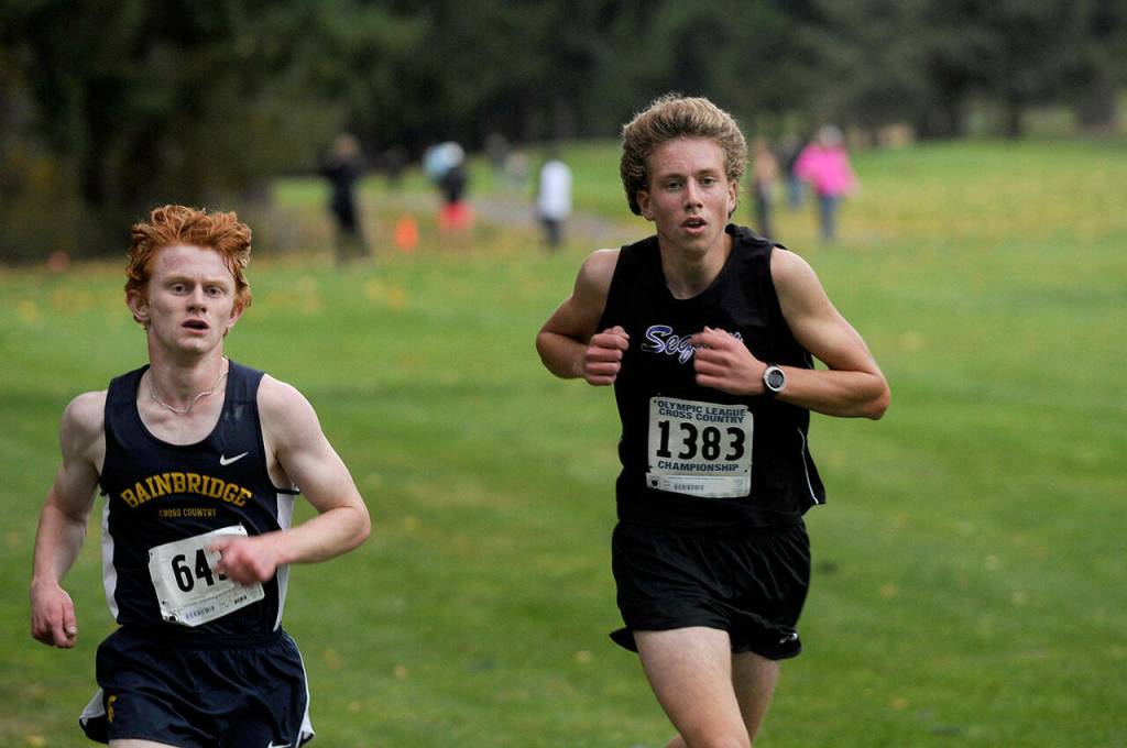 Sequims Riley Pyeatt races to a first place finish at the Olympic League championships on Oct. 21. Sequim Gazette photo by Michael Dashiell