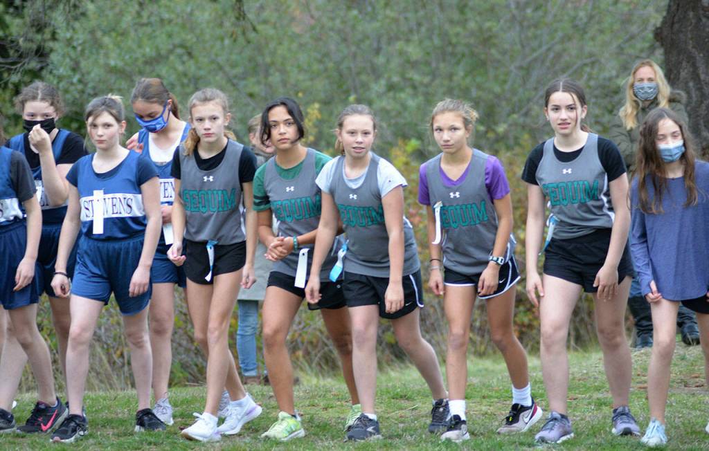 Sequim Middle School's girls cross country team preps for the start of the league championship meet at Lincoln Park in Port Angeles on Oct. 20. Photo courtesy of Caleb Gentry
