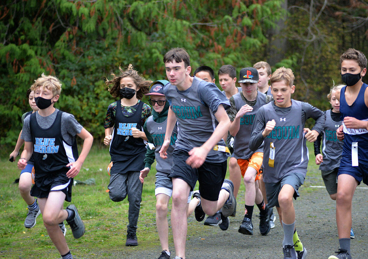 Sequim Middle Schools boys break from the starting line at an Oct. 6 league cross country meet at Lincoln Park in Port Angeles. Timberwolves pictured include (third from left, to right) Owen Rabey, Colin Feik, Easton Sisemore and Bjorn Henrikson. Photo courtesy of Caleb Gentry
