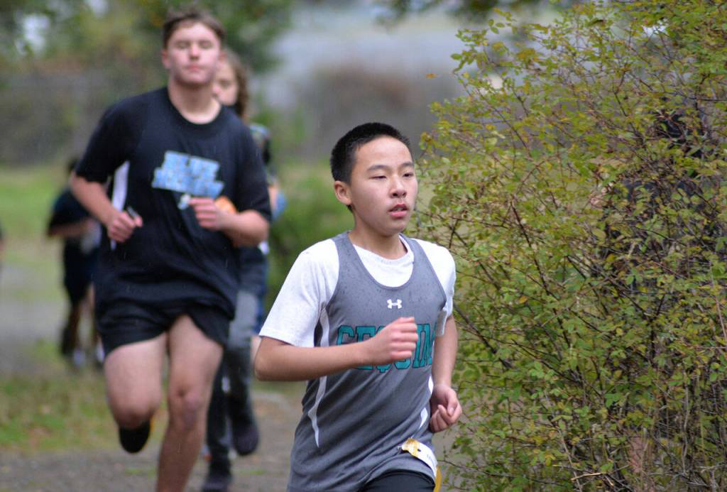 Sequims Bowen Zhu competes at an Olympic League meet at Lincoln Park in Port Angeles on Oct.6. Photo courtesy of Caleb Gentry