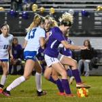 Sequims Kaia Lestage, right, battles for the ball in Sequims Olympic League match-up with North Mason on oct. 27. Sequim Gazette photo by Michael Dashiell