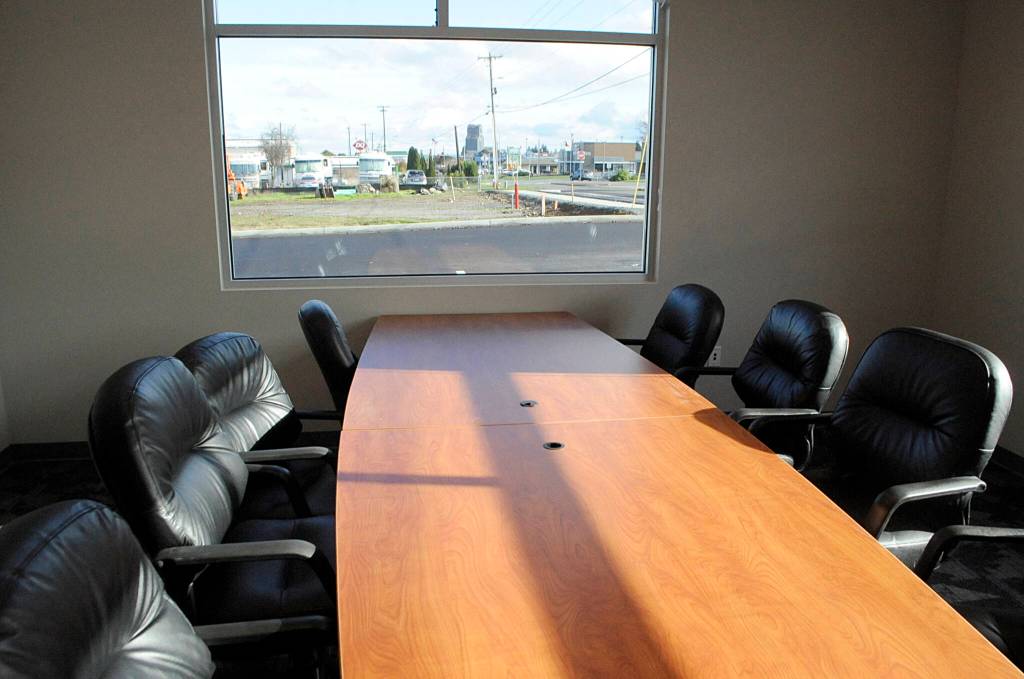 This meeting room inside WorkSource Clallam County looks east into Sequim including the grain elevator. Sequim Gazette photo by Matthew Nash