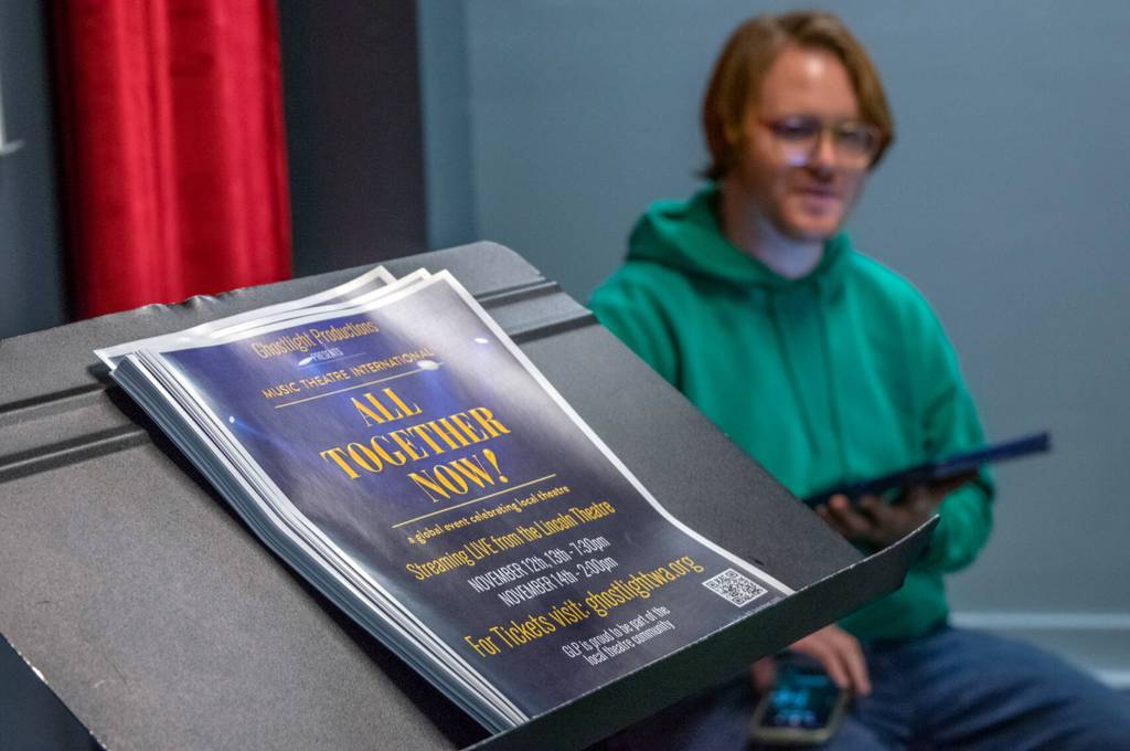 Morgan Bartholick participates in a rehearsal for All Together Now!, an international fundraiser set for this coming weekend. Ghostlight Productions, a local nonprofit, hopes to raise some funds for operating costs and to help renovate Port Angeles hisotoric Lincoln Theatre. Sequim Gazette photo by Emily Matthiessen