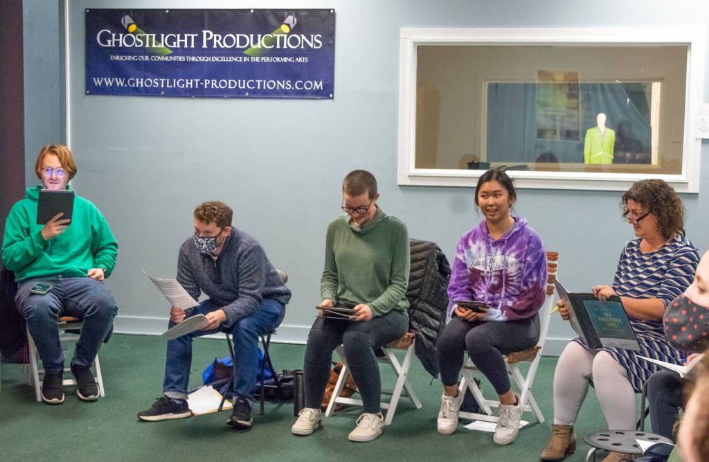 Singers Morgan Bartholick, Quinton Cornell, Janessa Fodge, Emily Spink and Jennifer Saul rehearse for Ghostlight Productions upcoming live streamed show, set for the weekend of Nov. 12-14. The nonprofit is participating in a global event sponsored by Musical Theatre International to raise money for local theater. Sequim Gazette photo by Emily Matthiessen