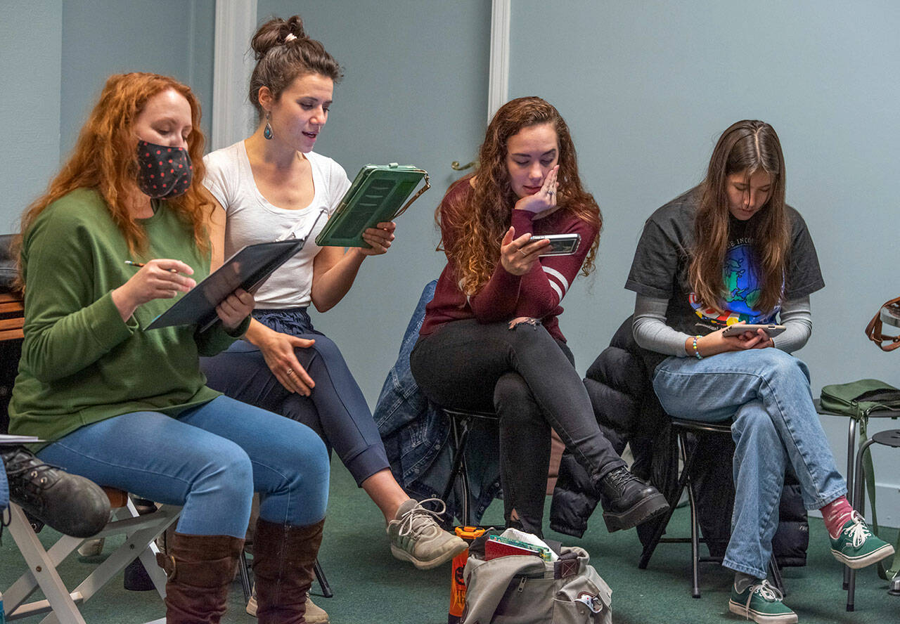 Singers Cecie McClelland, Anna Pederson, Danielle Lorentzen and Danika Chen rehearse for a weekend of live streamed musical theatre performances on Nov. 12-14. Clallam Countys non-profit Ghostlight Productions is participating in a global event sponsored by Musical Theatre International, to raise money for local theaters. Sequim gazette photo by Emily Matthiessen