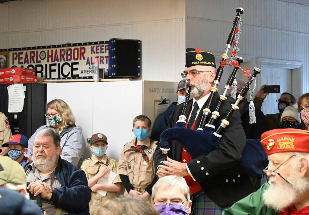 Rick McKenzie plays Amazing Grace on the bagpipes to close the Veterans Day ceremony at American Legion Jack Grennan Post No. 26 on Nov. 11. Sequim Gazette photo by Michael Dashiell