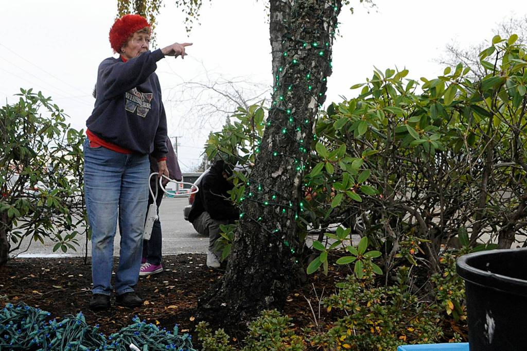 Downtown decorating co-coordinator Emily Westcott points volunteers toward their next tree on Nov. 13. Sequim Gazette photo by Matthew Nash