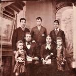 The headstone of Moore Waldron can be found in Sequims Pioneer Memorial Park. A photograph of Moore with his wife and five children was taken in 1880 and shared by Cheryl England, whose husband is a descendant of Frank Moore, standing on the far left. Photograph courtesy of the England family