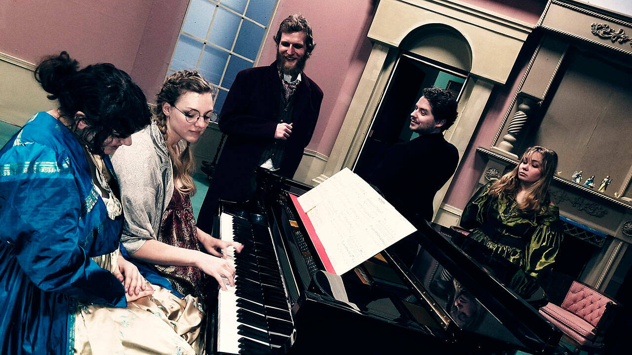 From left, Miss Bennet  Christmas at Pemberley cast members Juliette Burnette, Merrin Packer, Matt Forest, Stephen Canepa, Dana Duffy rehearse a scene for the upcoming production that kicks off Dec. 3. Photo by Matt Moore