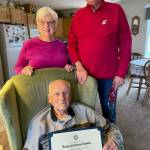 Fred Velpel, a World War II veteran (U.S. Army), receives a commemorative National Society of the Daughters of the American Revolution thank you for your service certificate. Submitted photo