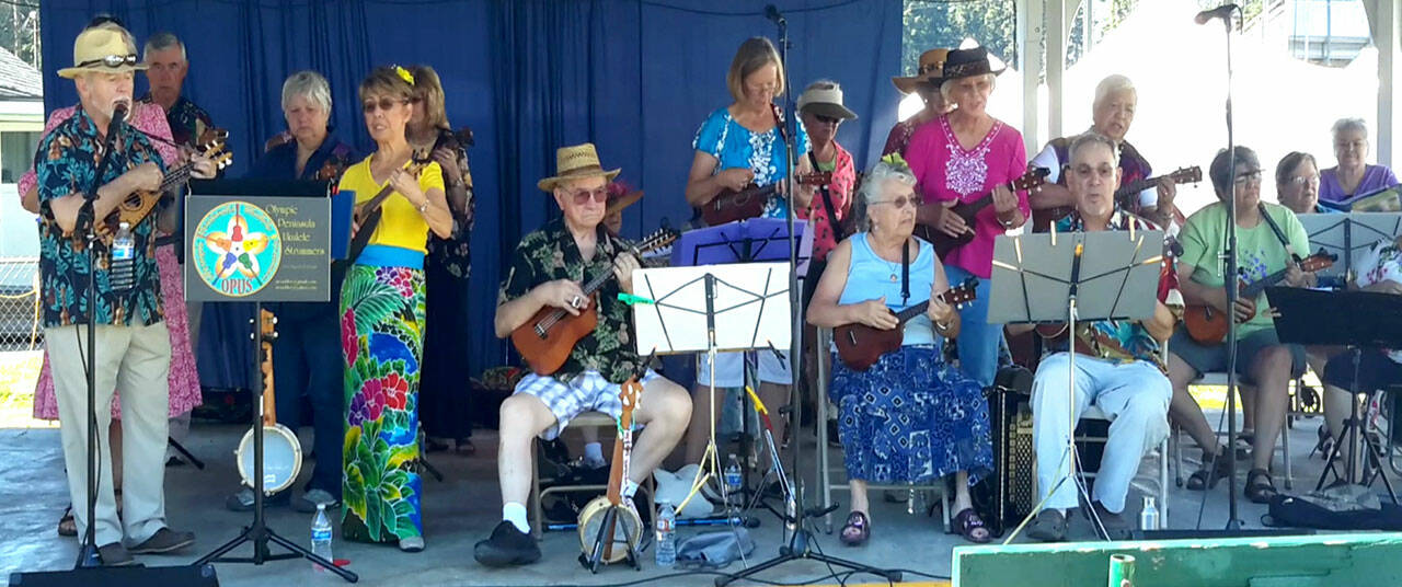 The Olympic Peninsula Ukulele Strummers (OPUS) will be playing in Olympic Theatre Arts newly revamped Gathering Hall, 414 N. Sequim Ave., starting at 5 p.m. on Friday, Dec. 3, during the First Friday Art Walk Sequim. Submitted photo