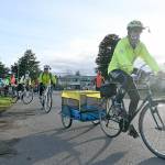 Riders depart from the headquarters of the 2021 Sequim Cranksgiving event on Nov. 20. The event saw participants collect 2,559 pounds of food and donate $2,830 to the Sequim Food Bank. Sequim Gazette photo by Michael Dashiell