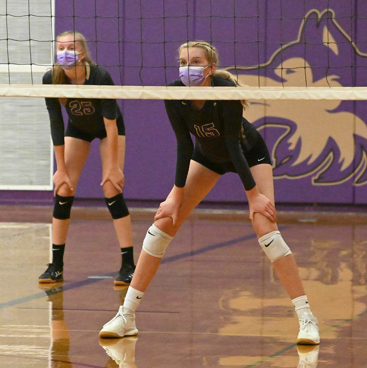 Sequim High volleyball standouts Kendall Hastings (right) and Jolene Vaara were named to all-Olympic League teams this fall, Hastings earning a first team spot and Vaara a second team berth. Sequim Gazette file photo by Michael Dashiell