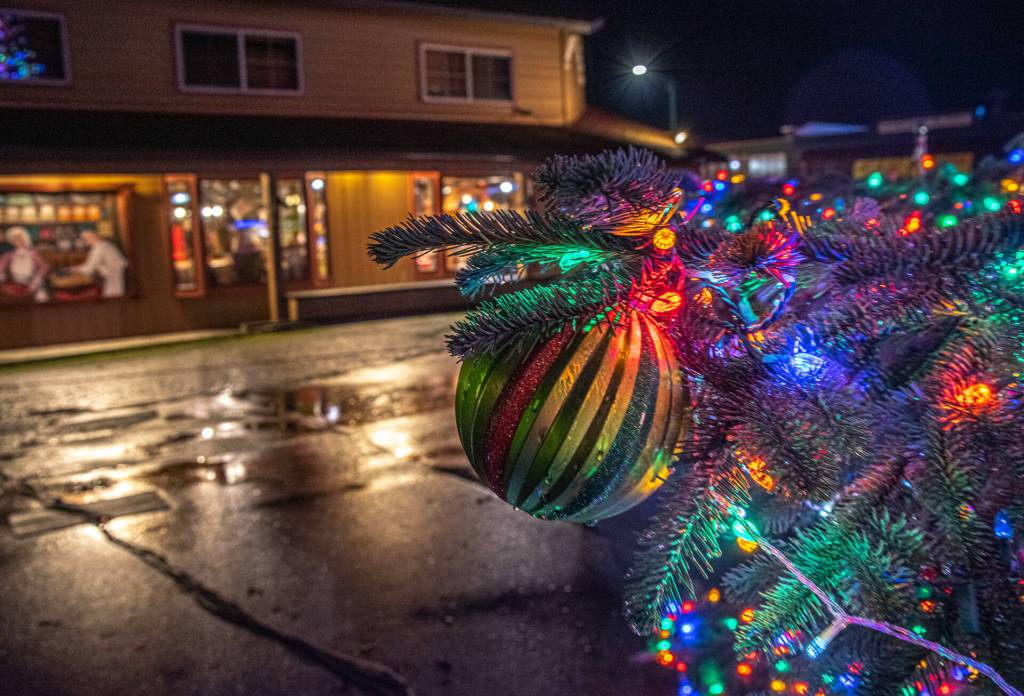 Ornaments and colorful holiday lights adorn the Sequim downtown Christmas/holiday tree. 
Sequim Gazette photos by Emily Matthiessen