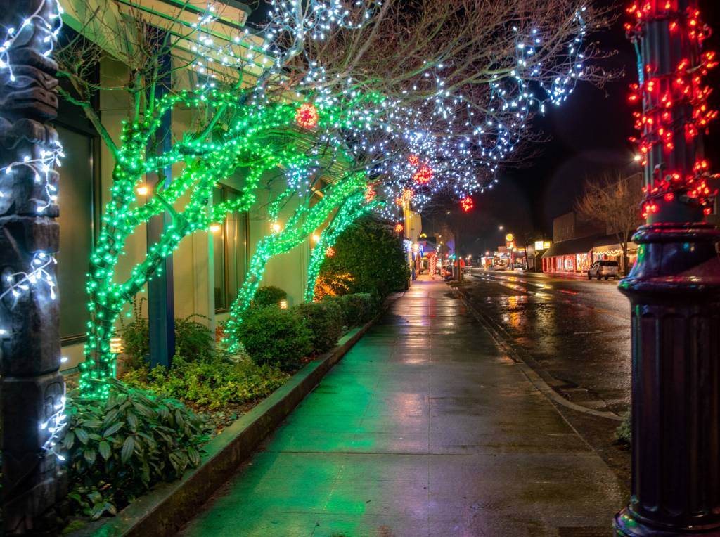 Bright holiday lights color Sequims Washington Street.