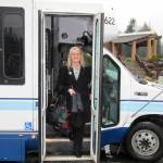 Annette Nesse disembarks a Clallam Transit bus at a stop on the Jamestown route she helped coordinate as the Jamestown SKlallam Tribes transportation lead. Photo courtesy of Jamestown SKlallam Tribe