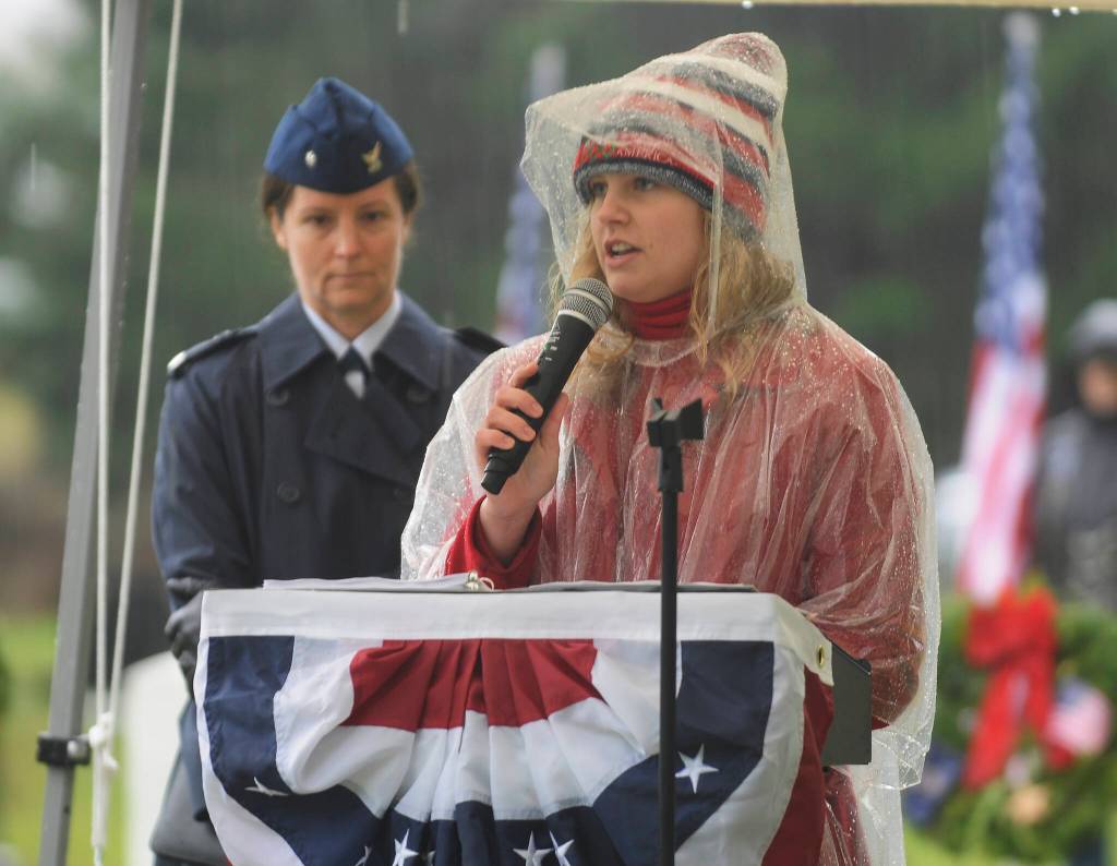 Greta Christianson, master of ceremonies and a Michael Trebert Chapter NSDAR junior member, leads the Wreaths Across America program Saturday.