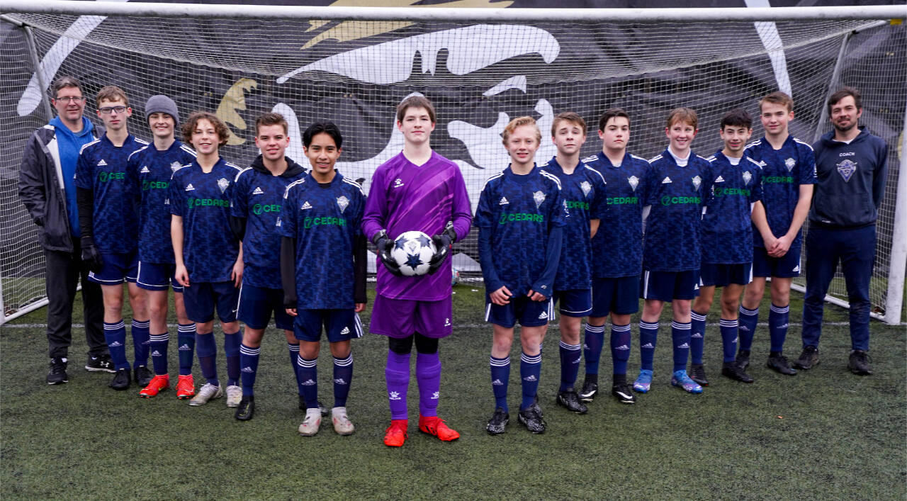 Photo courtesy of Michael Miller
The Storm King U15 Crusaders finished as the runner-up in the North Puget Sound League U15 North Division, going up against elite soccer teams from the Seattle area. From left are, assistant coach Michael LaGrange, Caleb LaGrange, Grant Butterworth, Maxon Stanford, Kasson Pittman, Edmund Garcia, Anthony Jones, Matthew Miller, James Mason, Raef Beard, Jake Weaver, Bryce Deleon and Jacob Olsen. Not pictured: Finnian Evans, Guillermo Salgado and head coach Michael Miller.