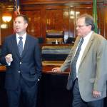 File photo by Keith Thorpe/Olympic Peninsula News Group
Clallam County Prosecuting Attorney Bill Nichols, left, accompanied by District Court Judge Dave Neupert, talks about a proposed mental health court program at the Clallam County Courthouse in Port Angeles in July. The court received a $231,000 grant to establish and operate a mental health therapeutic court.