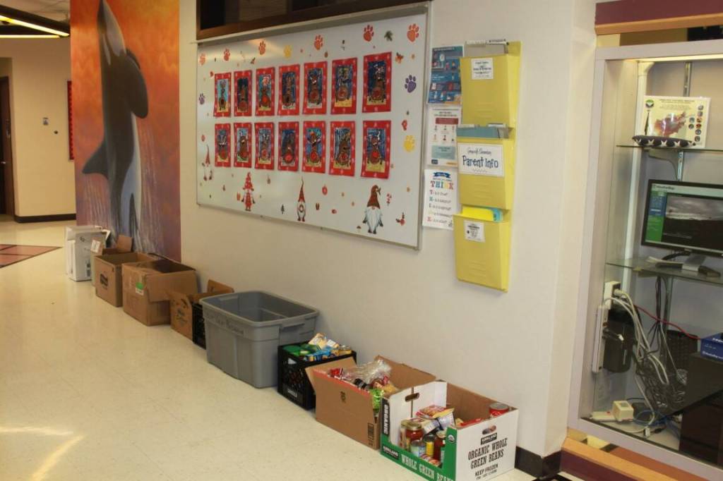 Boxes of food line the hallways at Greywolf Elementary School, where students collected 5,010 pounds of food and $529.05 during the annual 12 Days of Giving  a food drive benefiting the Sequim Food Bank. Submitted photo