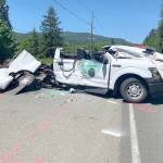 A Washington State Patrol officer was seriously injured on June 1 when the driver of a stolen pickup struck his vehicle on U.S. Highway 101 at Discovery Bay. Photo courtesy of the Washington State Patrol