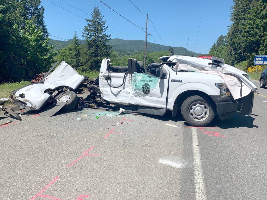 A Washington State Patrol officer was seriously injured on June 1 when the driver of a stolen pickup struck his vehicle on U.S. Highway 101 at Discovery Bay. Photo courtesy of the Washington State Patrol
