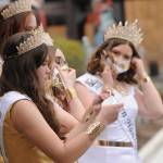 Sequim Irrigation Festival royalty don facemasks prior to the float reveal event on April 3. Sequim Gazette photo by Michael Dashiell