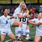 Millie Long, a Port Angeles High graduate, celebrates a goal with Peninsula College teammates Chiaki Takase (8), Kyrsten McGuffey (18) and Grace Johnson (10) in the Pirates 4-0 win over Pierce in an NWAC quarterfinal match-up. The Pirates went on to win the NWAC title and earn a No. 1 national ranking. Photo by Jay Cline