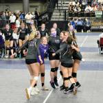 Sequim teammates celebrate at point at the state 2A volleyball tournament in Yakima on Nov. 19. Pictured, from left, is Kendall Hastings, Jordan Hegtvedt, Malory Morey, Angel Wagner, Jolene Vaara and Allie Gale. Photo by Wendy Morey