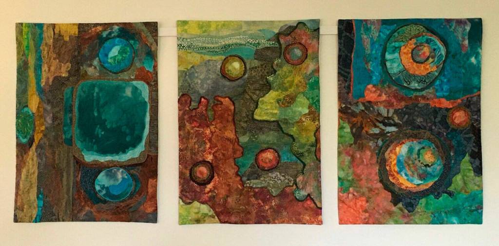 Fort Worden Triptych B by Liisa Fagerlund, a featured artist in a new walk-by exhibit in Port Townsends Uptown neighborhood through February. Submitted art