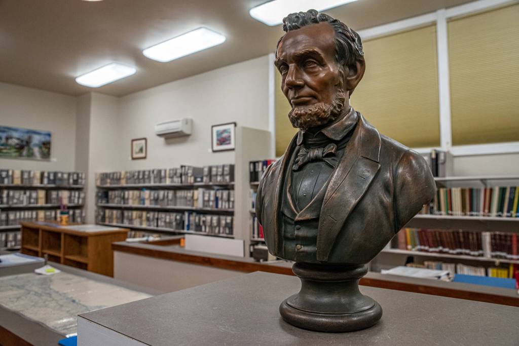 The bust of Lincoln from the former Lincoln School was relocated to the North Olympic History Centers Research Library.