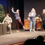 Photo courtesy of Olympic Theatre Arts
The Imagined Reality Improv troupe spontaneously performs on OTAs partially built Christmas Carol set on the main stage to accommodate an overflow crowd in November. Pictured, from left, are Andrejs Zommers, Nancy Peterson, Michelle Allen, Rose Weaver and Marybeth Redmond. Not pictured is Tyler Weaver.