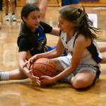 Sequim guard Taryn Johnson, right, snatches the ball from Bremertons Annisa Mejia in the Wolves Olympic League win on Jan. 20 at home. Sequim Gazette photo by Michael Dashiell