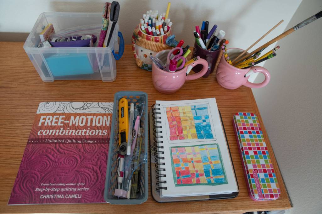 One of Sequim artist Marla Varners work tables shows her interest in color and hand quilting. Sequim Gazette photo by Emily Matthiessen