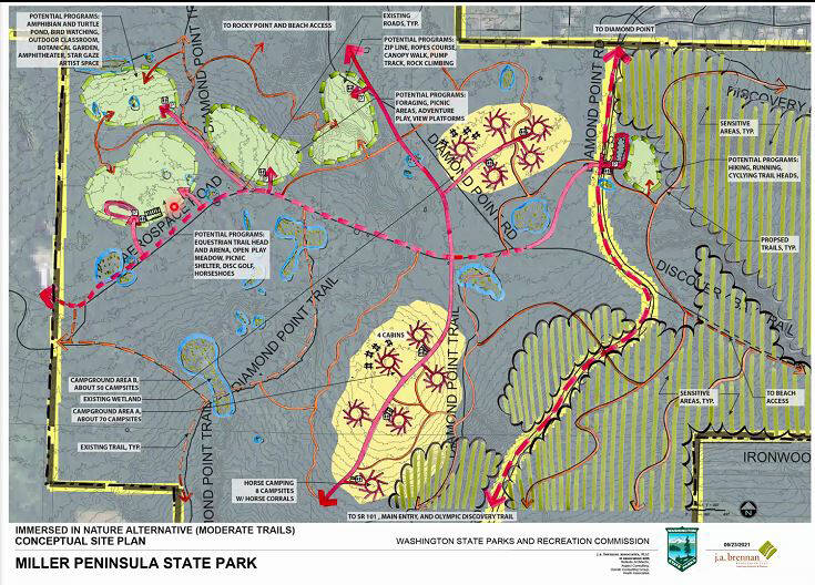 A map shows the Washington State Parks and Recreation Commissions Immersed in Nature proposal for Miller Peninsula State Park. Map courtesy of Washington State Parks and Recreation Commission