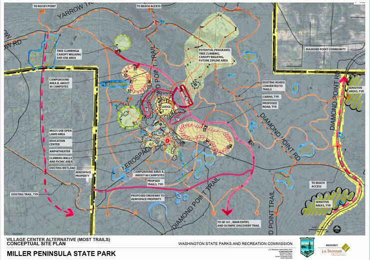 A map shows the Washington State Parks and Recreation Commissions Village Center proposal for Miller Peninsula State Park. Map courtesy of Washington State Parks and Recreation Commission