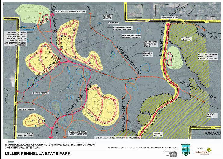 A map shows the Washington State Parks and Recreation Commissions Traditional proposal for Miller Peninsula State Park. Map courtesy of Washington State Parks and Recreation Commission