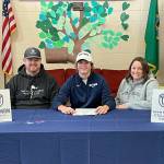 Submitted photo
Sequim High senior Ben Sweet, center, signs a letter of intent in January to play for the mens golf team at Whitman College this fall. Pictured with Sweet are his parents Tyler and Stephanie Sweet.