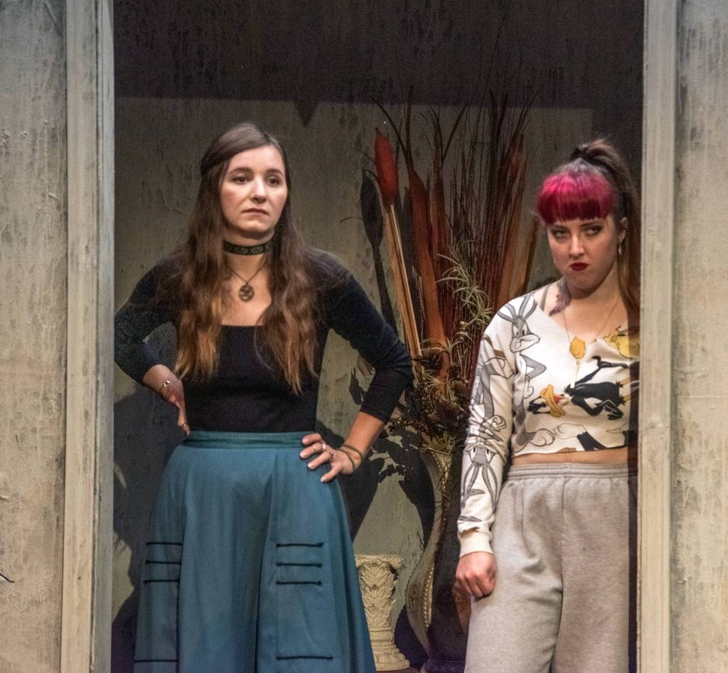 Angie Roiniotis and Danielle Kolste practice an entrance in the upcoming Olympic Theatre Arts production of Angel Street, directed by Ginny Holladay. Sequim Gazette photo by Emily Matthiessen