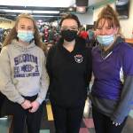 Photo courtesy of Randy Perry
Sequim High bowlers pause from the action at the West Central District tourney in Parkland last weekend. Pictured, from left, are Nikoline Updike, Madison McKeown and Morgan Tate. Updike and McKeown qualified for the state tourney.