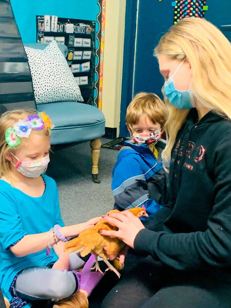 Kindergartners Malta Bushy, left, and Andrew Van de Weghe visit with fifth-grader Kendall Adolphe and her chicken. Submitted photo