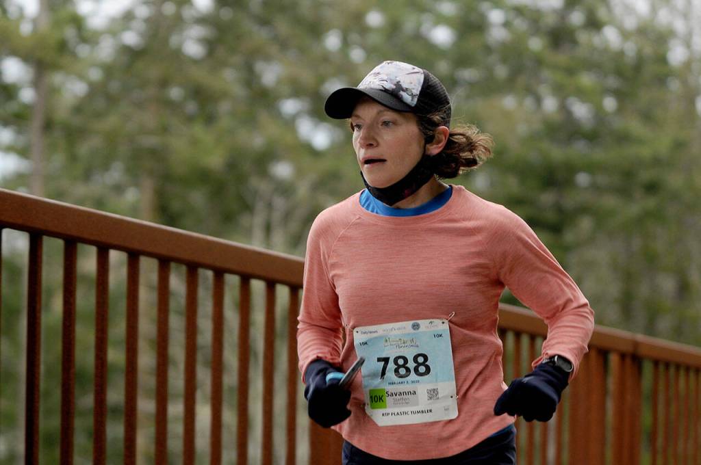 Savanna Steffen of Silverdale takes first place in the womens 10k at the Elwha Bridge Run on Feb. 5. She finished in 42:52, placing sixth overall. Sequim Gazette photo by Michael Dashiell