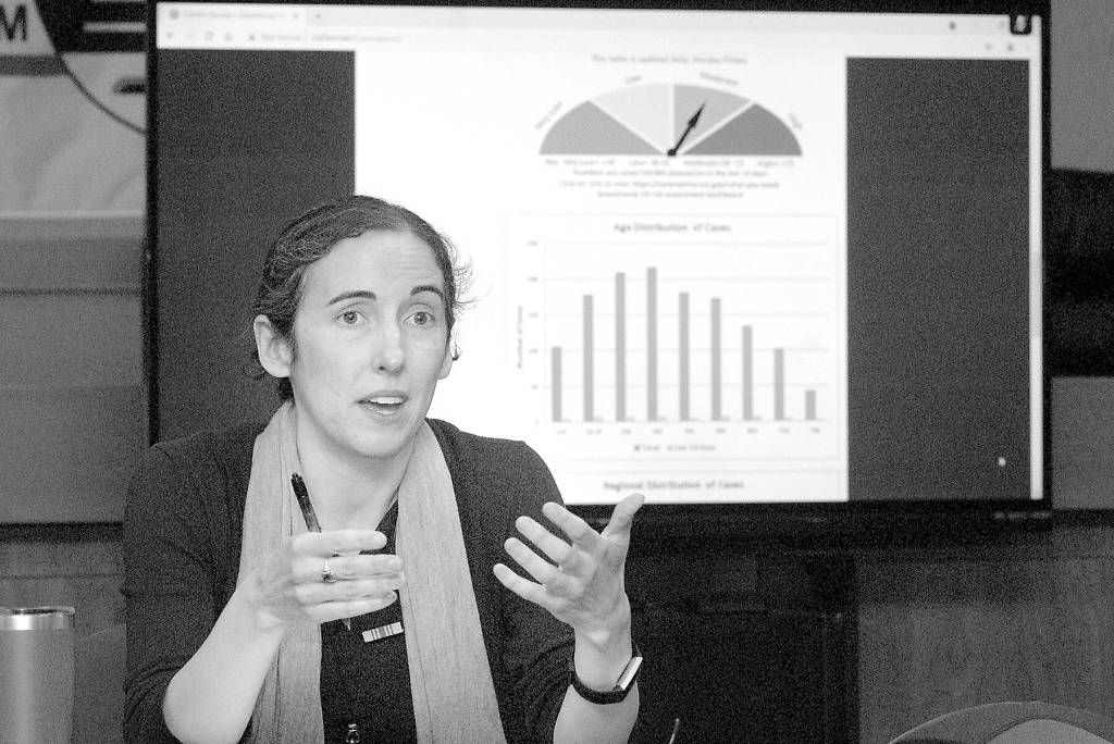 Health officer Allison Berry updates the status of COVID-19 during the last scheduled weekly briefingin May 2021 at the Clallam County Courthouse in Port Angeles. Photo by Keith Thorpe/Olympic Peninsula News Group