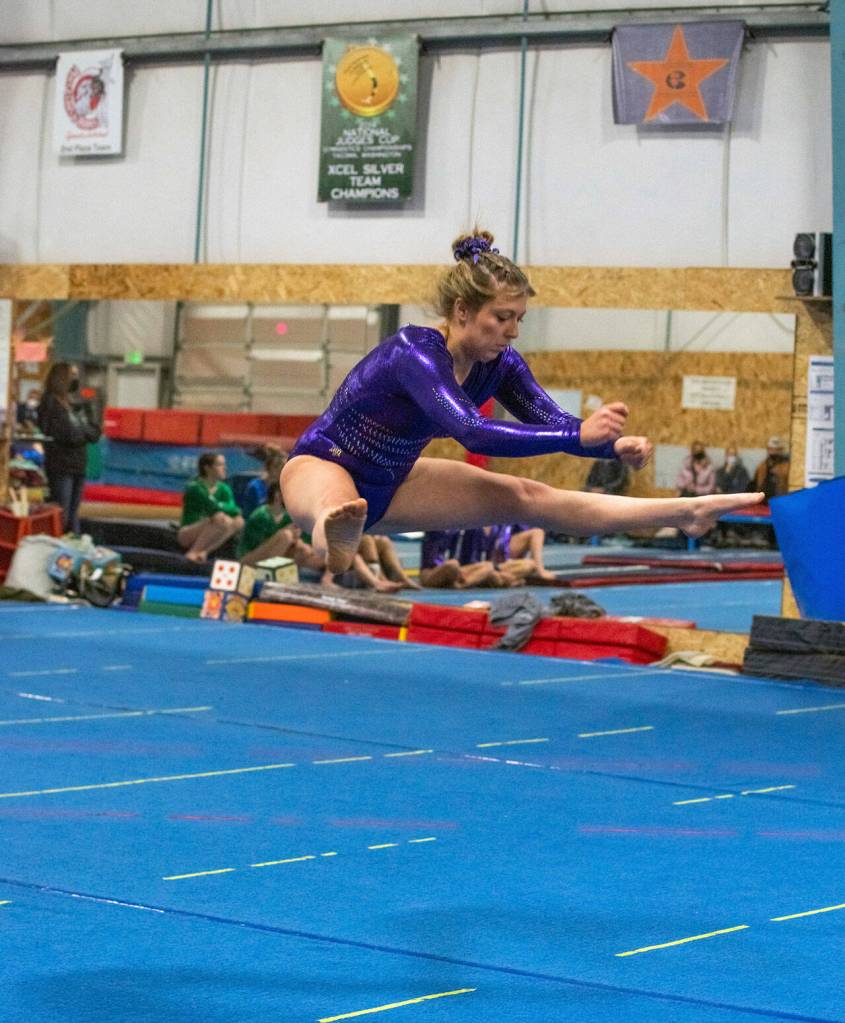 Sequim High senior Ellie Turner competes on the floor exercise at an Olympic League meet on Jan. 19 in Port Angeles. Sequim Gazette photo by Emily Matthiessen