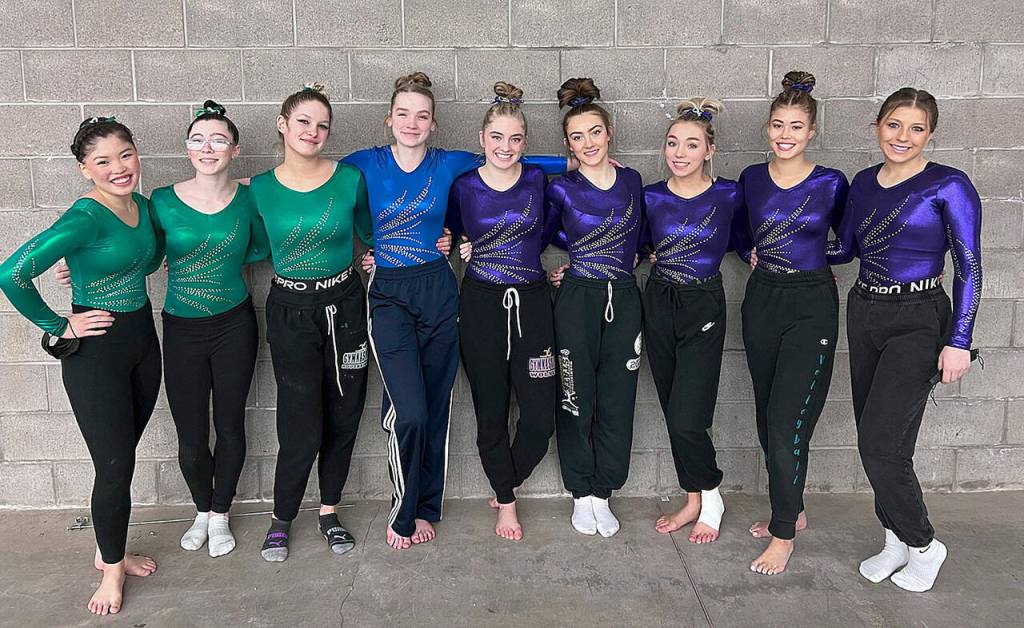 Pictured, from left, are Port Angeles High gymnasts Mei-Ying Harper-Smith, Jessamyn Schindler and Kathryn Jones, Crescent High gymnast Aubrie Scott, and Sequim gymnasts Alex Schmadeke, Danica Pierson, Susannah Sharp, Amara Brown and Ellie Turner. Submitted photo