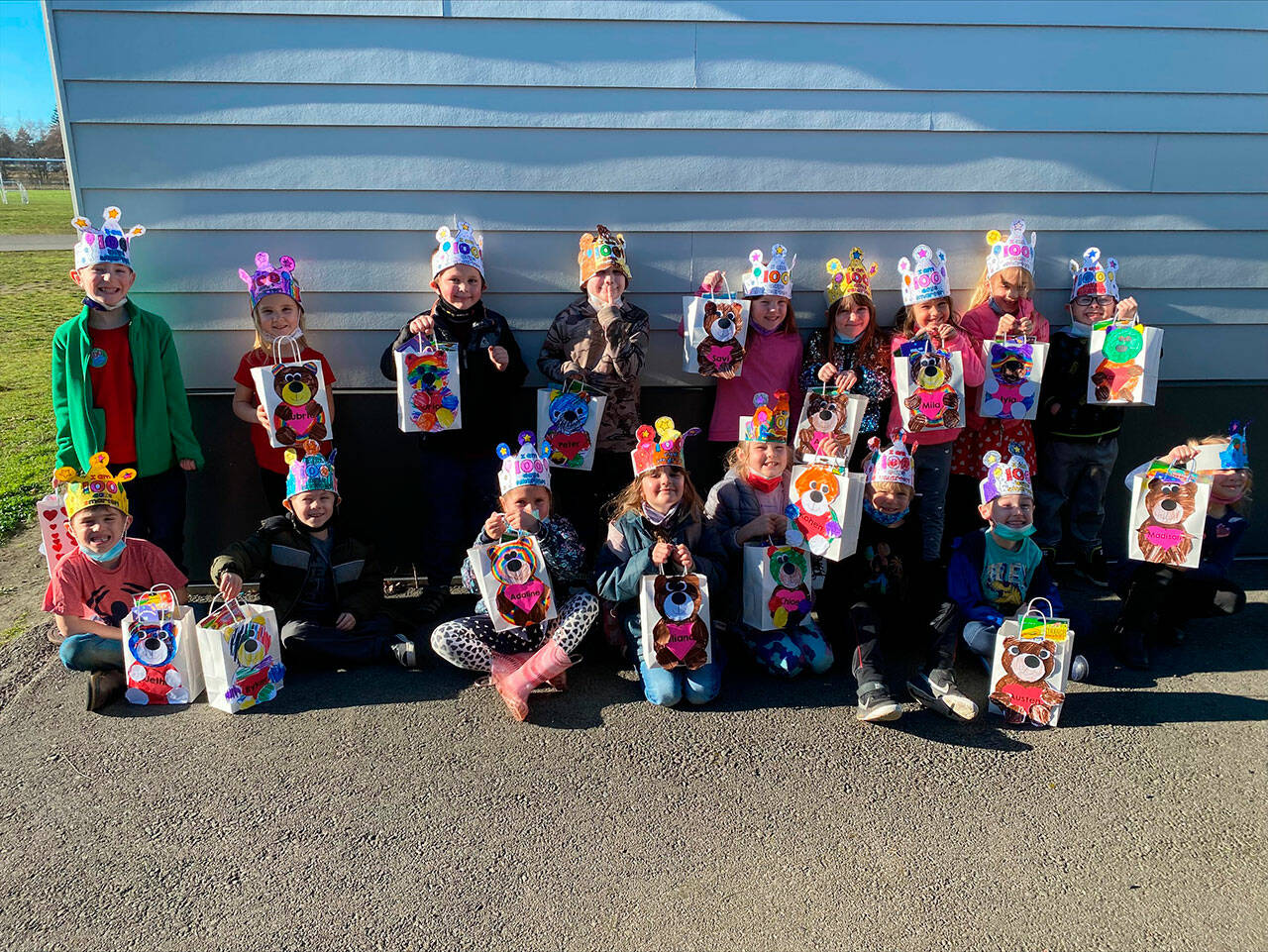 Kindergarteners in Elizabeth Halls class at Greywolf Elementary School celebrate both Valentines Day and the 100th Day of school in style.