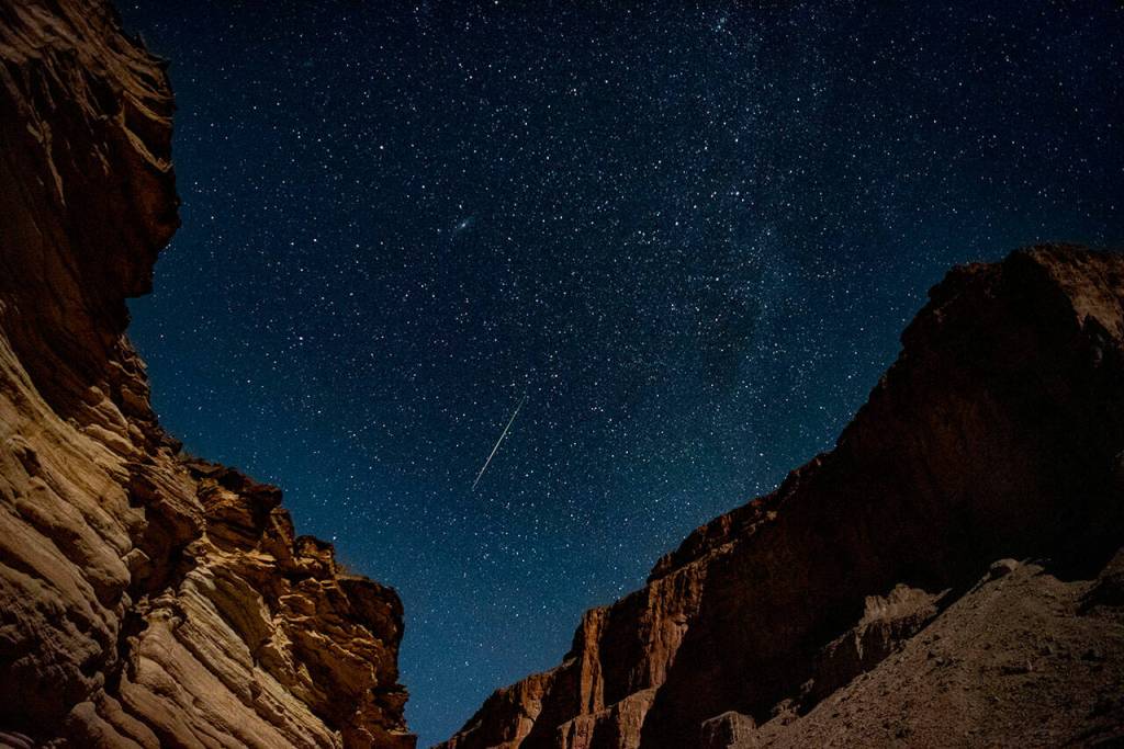 Moonglow and meteor in the Grand Canyon. Photo by Dave Shreffler