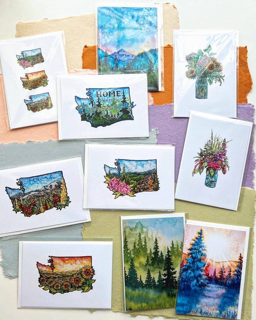 Local artist Sarah Necco has art cards and more on display during the First Friday Art Walk Sequim, at Forage Gifts & Northwest Treasures. Submitted photo