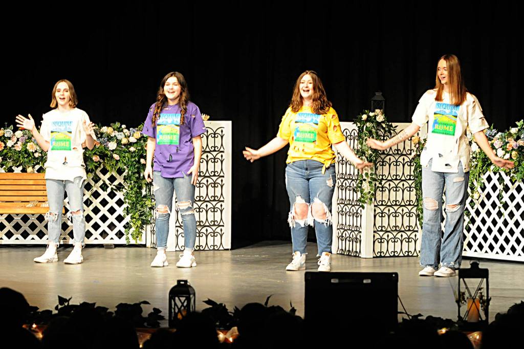 Sequim Gazette photo by Matthew Nash 
Last years Irrigation Festival royalty, from left, Zoee Kuperus, Allie Gale, queen Hannah Hampton, and princess Sydney Van Proyen participate in a song and dance number.