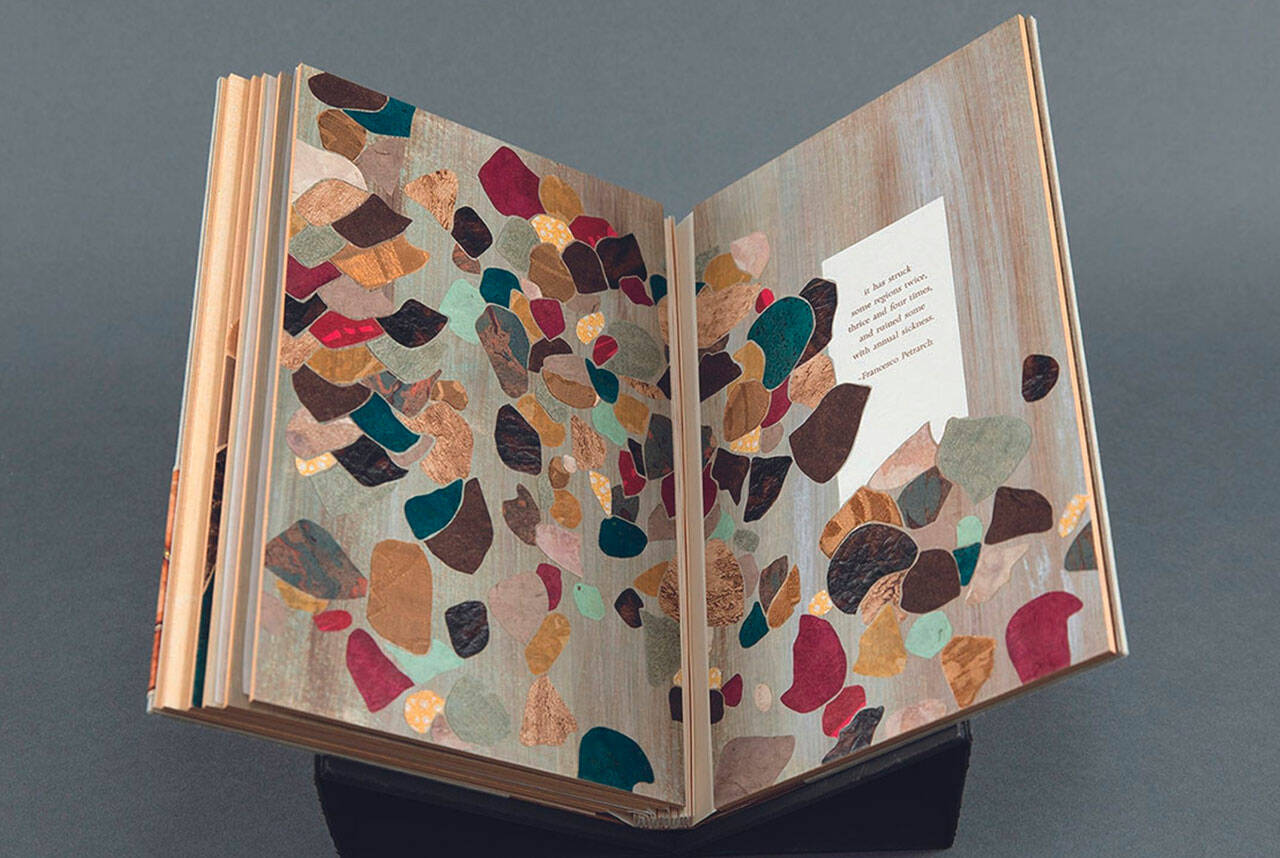 Pangolin Pandemic by artist Gabby Cooksey is one of several exhibits from 16 Pacific Northwest artists featured at the Port Angeles Fine Arts Centers Science Stories: A Collaboration of Book Artists and Scientists exhibit. Submitted photo